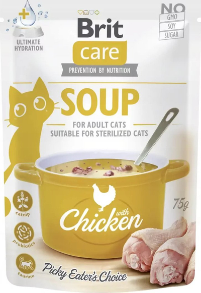 Supë e lagësht për mace Brit Care, me pulë, 15 x 75 g