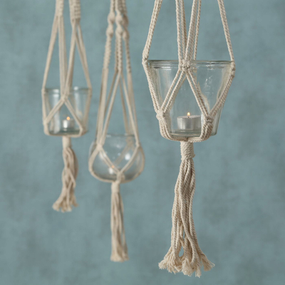 Vazo qelqi varëse Boltze Home, me macrame pambuku, 83 x 12 cm, bezhë