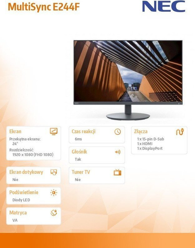 Монитор NEC E244F, 24\", Full HD, црн