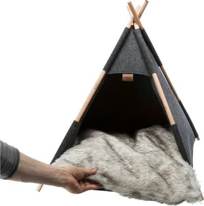 Tendë tipi për mace Trixie Tipi, me jastëk me lesh, me skelet druri, gri e errët