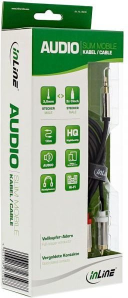 Kabllo audio InLine, Jack 3.5 mm - RCA (Cinch) x2, 10 m, e zezë