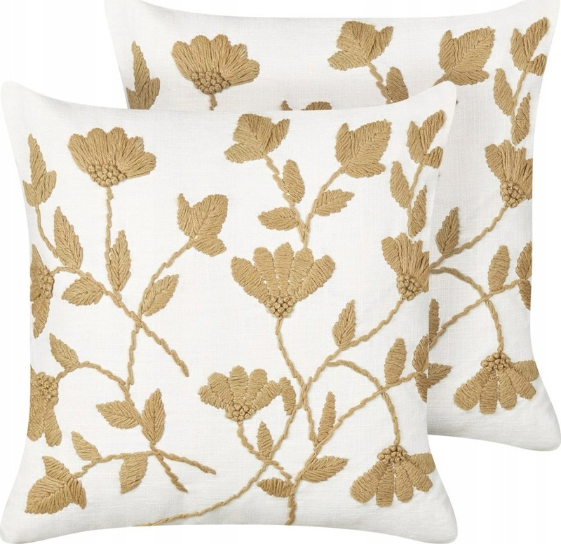Set jastëkë dekorativë pambuku, 45 x 45 cm, me qëndisje florale, të bardhë me bezhë