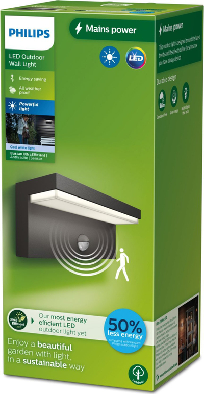 Llambë muri LED për jashtë Philips Bustan, 3.8W, me sensor lëvizje, ngjyrë antracit
