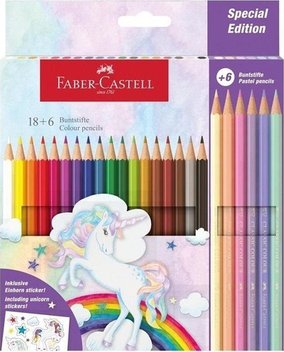 Set lapsash me ngjyra Faber Castell Colour Pencil Castle Unicorn, 24 copë, 18 klasike 3 metalike 3 neon, shumëngjyrësh