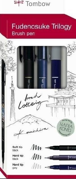 Set brush-pena Tombow Fudenosuke Trilogy WS-BHS-3P, set me 3 copë, majë elastike, e zezë edhe gri