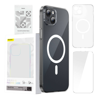 Kuti telefoni Baseus Magnetic Crystal Clear për iPhone 13 (transparent) me mbrojtës ekrani të gjithë xhamit të temperuar dhe kit pastrimi