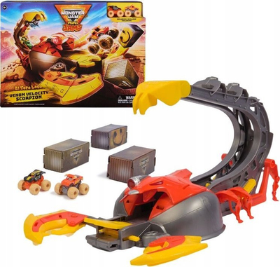 Set lojërash Monster Jam El Toro Loco Venom Velocity Scorpion, me rampa, me 2 kamionë die cast, shumëngjyrësh