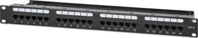 Patch panel Intellinet 24 porta RJ45, Cat6 UTP, me mbajtëse kabllosh, i zi
