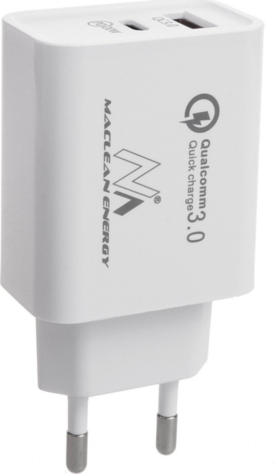Karikues rrjeti Maclean MCE485W, 20W PD QC 3.0, USB edhe USB C, i bardhë