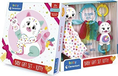 Set lodrash për bebe Clementoni Baby Gift Set Kitty, batanije përkëdhelëse, çelësa për kafshim dhe rrumbullakëz, shumëngjyrësh