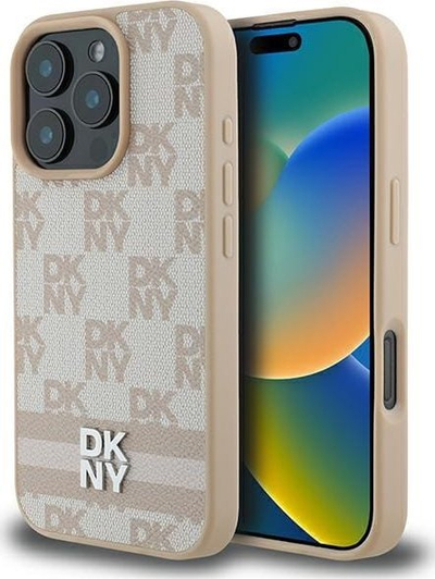 Mbulesë telefoni DKNY prej lëkure PU me katrorë shahu, për iPhone 16 Pro, kornizë TPU, rozë