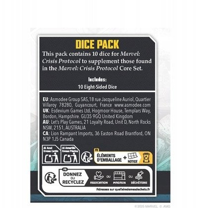 Pako zare Asmodee Marvel Crisis Protocol Dice Pack, 10 zare, 8 faqe, me ngjyra nga të gjitha llojet
