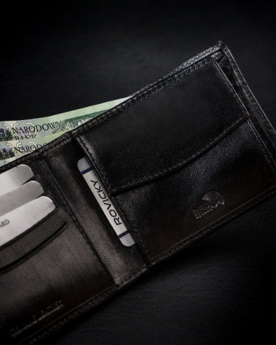 Portofol për meshkuj Rovicky RFID Stop, lëkurë natyrale, i zi me të kuqe