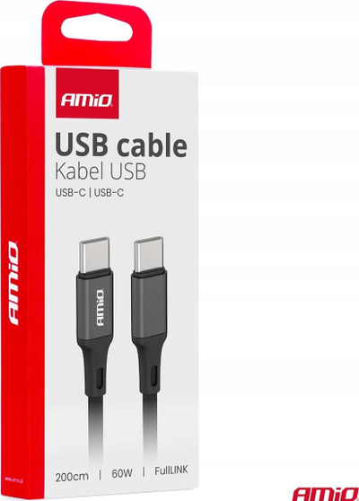 Kabllo karikimi USB AMiO 03903, USB Type C, 2m, 60W, e zezë gri