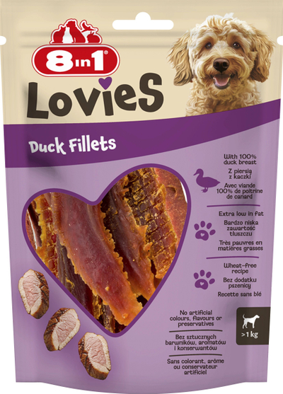 Shpërblim për qen 8in1 Lovies Duck Fillets, pa grurë, 80g