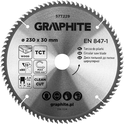 Teh sharrë rrethore Graphite 57T229, 230 x 30 mm, 80 dhëmbë TCT, argjendtë