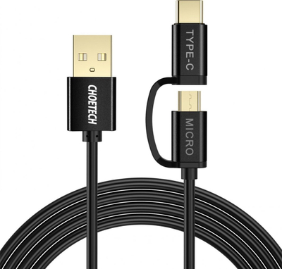 Kabllo USB CHOETECH XAC-0012-102BK, 2 në 1 Type C Micro USB, 1.2m, e zezë