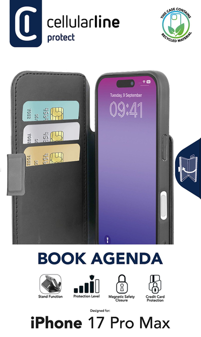 Mbulesë telefoni Cellularline Book Agenda 2 për iPhone 17 Pro Max, me xhepa për karta, e zezë