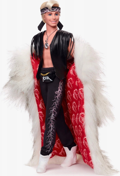 Kukull Barbie Mattel Ken The Movie, me pallto gëzofi sintetik, jelek me frudha, me bandanë
