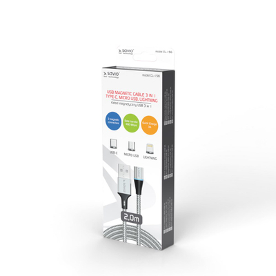 Kabllo USB Savio CL-156, USB A me USB C, Micro USB edhe Lightning, magnetike, 2m, ngjyrë argjendi