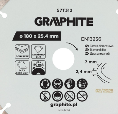 Disk prerës diamanti Graphite 57T312, 180 mm, vrimë 25.4 mm, gri
