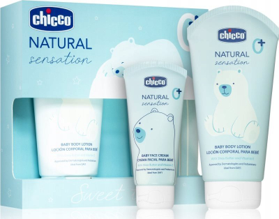 Set kujdesi për bebe Chicco Natural Sensation Sweet Time, krem fytyre 50 ml, locion trupi 150 ml, blu
