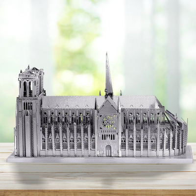 Puzzle 3D metalik Piececool Notre Dame Cathedral, model ndërtimi, ngjyrë argjendtë