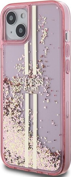 Kuti telefoni Guess Liquid Glitter Gold Stripes për iPhone 15 Plus 14 Plus 6.7", TPU PC, rozë