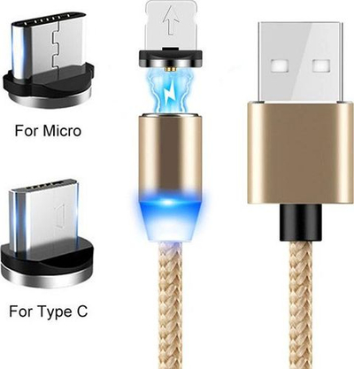 Kabllo karikimi ECOBOX X-Cable J-009, USB 3in1 magnetik 360°, Lightning Micro USB Type-C, ngjyrë gold