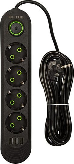 Shirit zgjatues Blow, 4 priza, 3x USB, 5 m, me çelës, i zi
