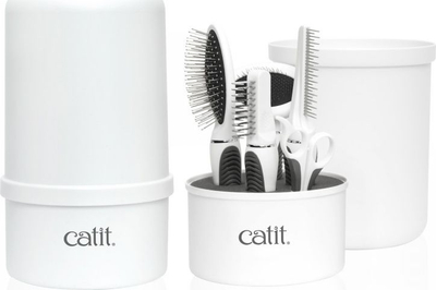 Set groomimi për mace CATIT 2.0 Longhair, për qime të gjata, me furça dhe prerës thonjsh, i bardhë