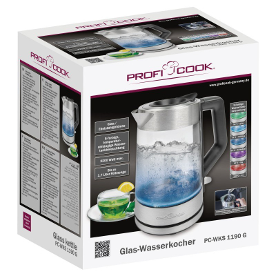 Ibrik elektrik ProfiCook PC WKS 1190 G, rezervuar xhami, inoks, argjendtë