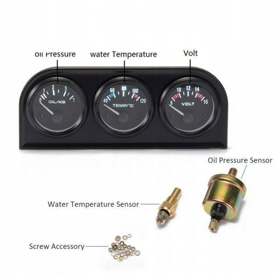 Set treguesash KET 3 në 1, 52mm, voltmetër, temperaturë uji, presion vaji, pamje VDO, i zi