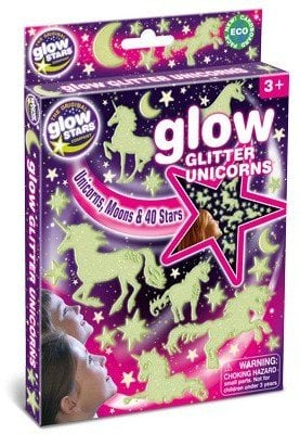 Set dekorativ fosforeshent Glow Glitter Unicorns, njëbrirësh, yje dhe hëna, vetëngjitës, me ngjyra