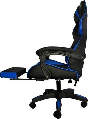Karrige gaming për zyrë, ergonomike, me këmbestrehë, me jastëk mesi, e zezë me blu