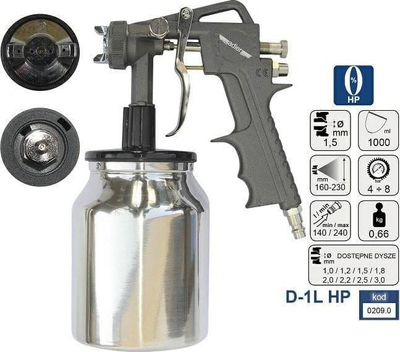 Pistoletë spërkatëse me presion të lartë Adler 0209.0, grykë 1.5 mm, depozit 1L, ngjyrë argjendt