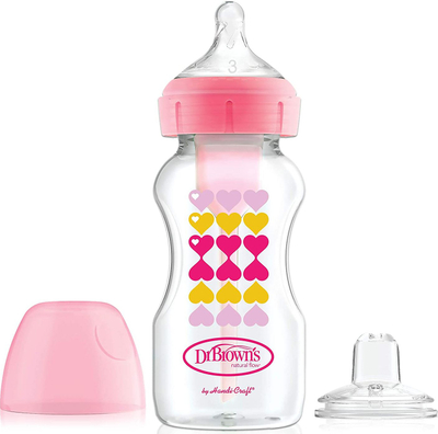 Shishe e gjerë Dr Browns, me thithë dhe grykë, 270ml, Zemra Rozë, 6m+