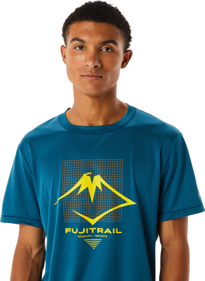 Bluzë sportive ASICS FUJITRAIL LOGO SS TOP për burra, thahet shpejt, blu e errët