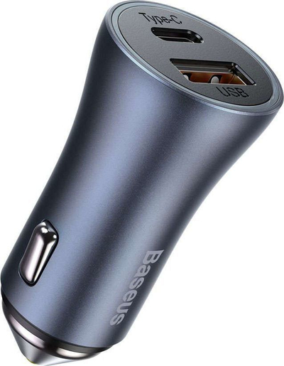 Karikues për veturë Baseus Golden (CCJD-0G), 1x USB-A, 1x USB-C, 3 A, i hirtë