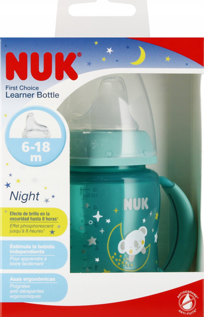 Шише Нук Фирст Најт, 150 ml, со рачки, тиркизна што свети во темнина