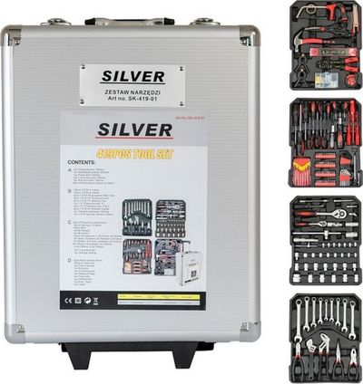 Set veglash Silver SK-419-01, 419 copë, valixhe alumini, argjendtë