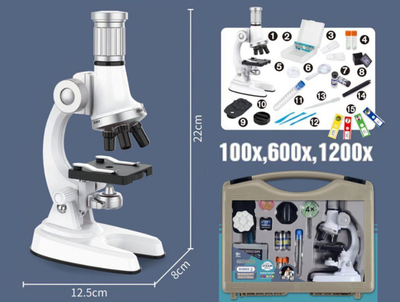Mikroskop edukativ Madej, set me valixhe, zmadhim 100x 600x 1200x, i bardhë
