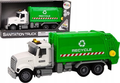 Lodër kamion plehrash LEAN Toys Garbage Truck, me drita edhe zhurma, me kosh plehrash, i bardhë me jeshile