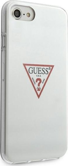 Kapak telefoni Guess Hard Case Triangle Logo, për iPhone SE 8 7, plastik, i bardhë me shkëlqim
