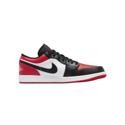 Atlete Nike Air Jordan 1 Low Bred Toe, lëkurë, të kuqe, të zeza e të bardha