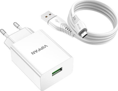 Ѕиден полнач Vipfan E03, 18W, брзо полнење со Micro USB кабел, бел