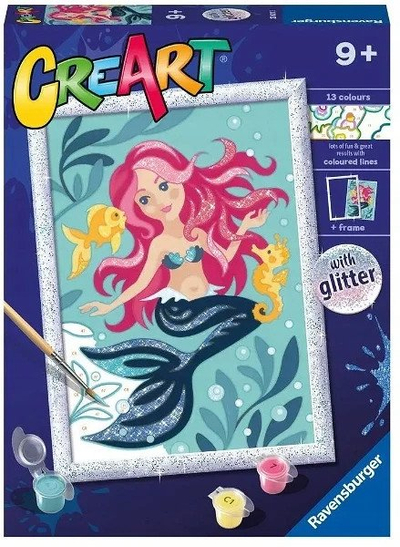 Set për pikturim me numra Ravensburger CreArt Charming Mermaid, kanavacë kartoni, bojëra akrilike, shumëngjyrëshe