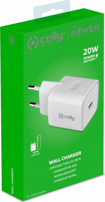 Полнач за ѕид Celly ProPower TC1USBC20WWH, USB C, 20W, бел