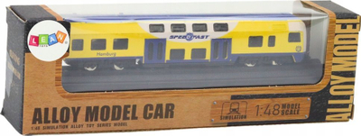 Model treni koleksionues, metal, shkalla 1:48, i verdhë dhe blu