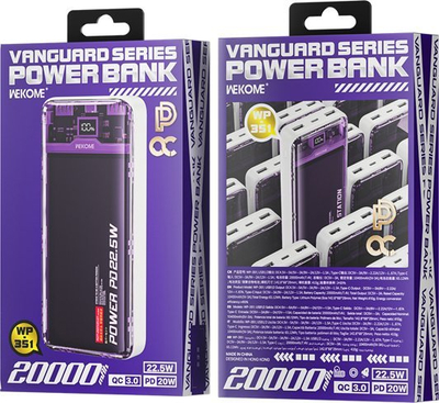 Powerbank Wekome WP-351 Vanguard, 20000mAh, PD 20W QC 22.5W, vjollcë